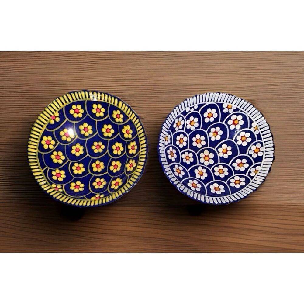 Mexican Folk Art Terra Cotta Hand Painted Pottery Blue Floral Footed Dish Set